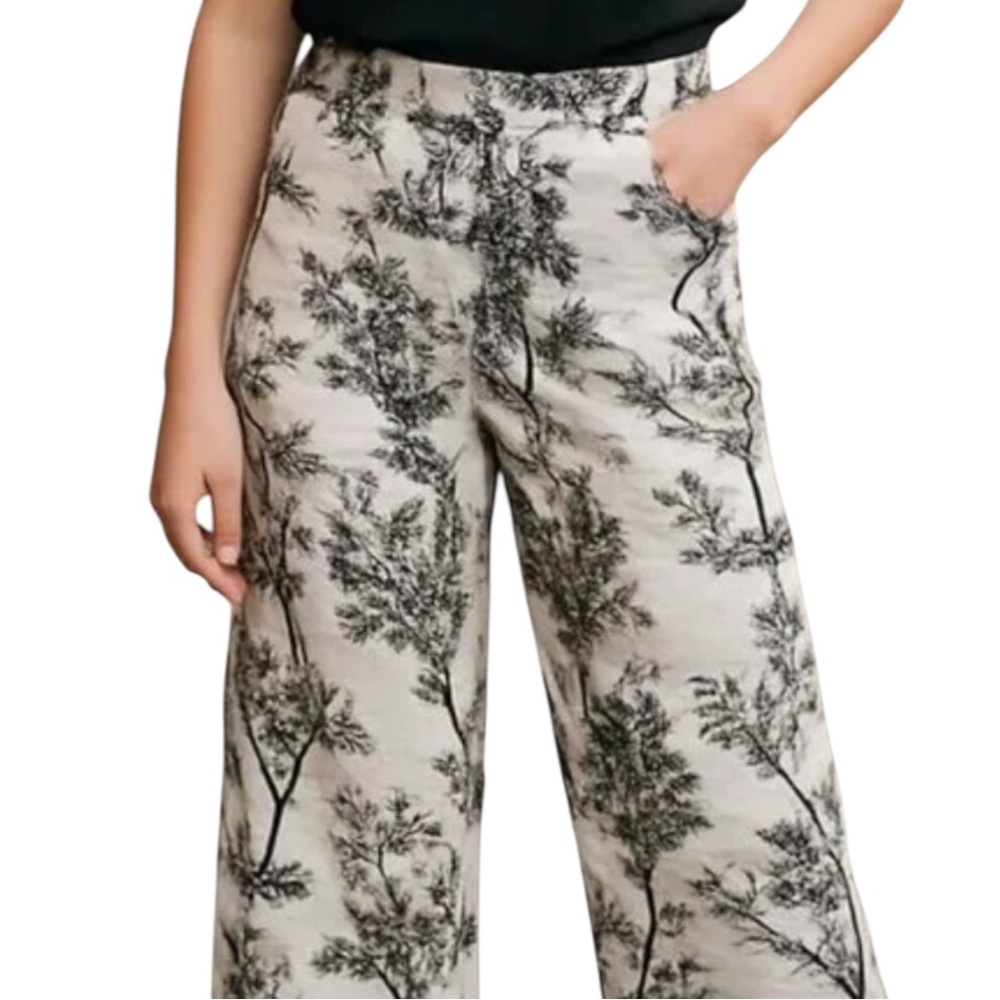 JOIE Tree Printed Toile 100% Linen Wide Leg Crop Pull On Pants Size Large --NWT!